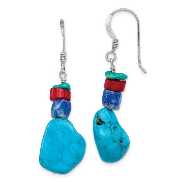 925 Sterling Silver Red Coral, Howlite, Lapis, Turquoise Dangle Drop Earrings - Picture 1 of 4